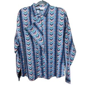 Roper Western Shirt Womens Sz M Blue Pink Teal Geometric Stripe Button Down USA